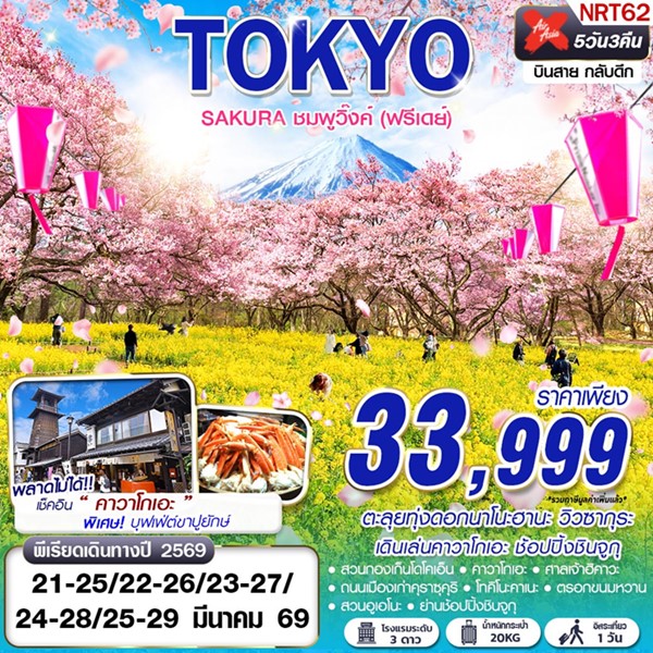 ทัวร์ญี่ปุ่น TOKYO SAKURA ชมพูวิ๊งค์ (ฟรีเดย์) 5วัน 3คืน