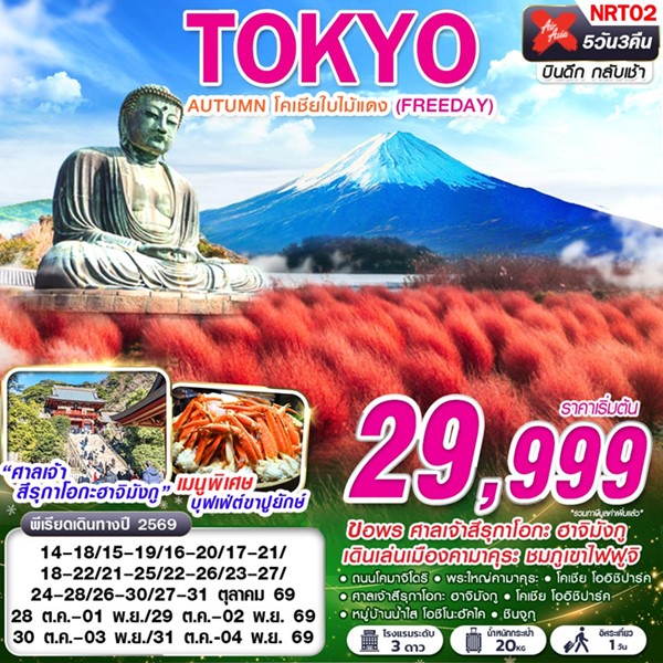 ทัวร์โตเกียว TOKYO AUTUMN โคเชียใบไม้แดง (ฟรีเดย์) 5วัน 3คืน